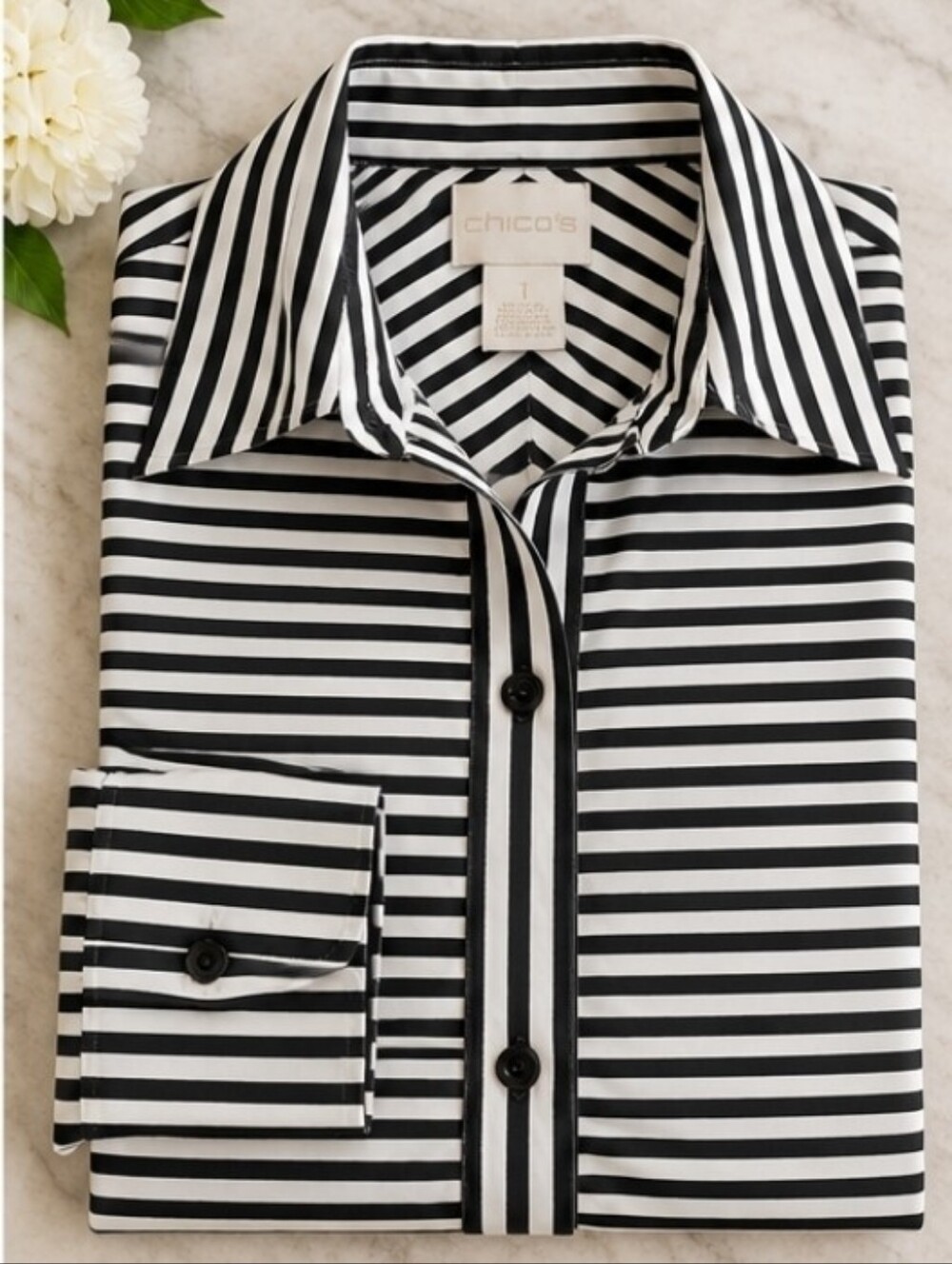 Chico’s Women’s Size 1 Black White Striped Button Down Shirt